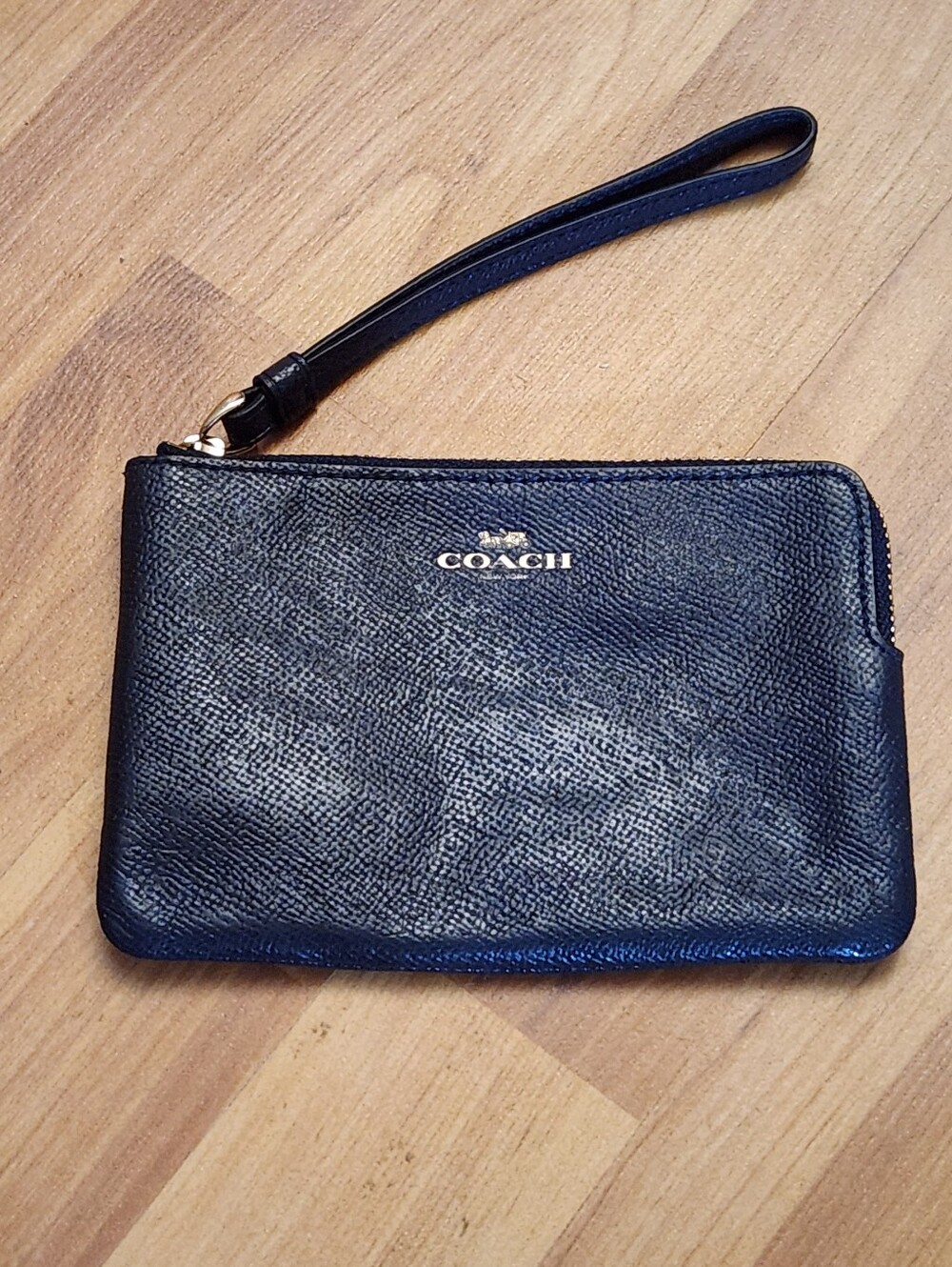 Coach Navy Blue Leather Wristlet Wallet with Gold Logo